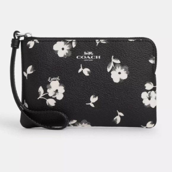 Coach Handbags - 🆕 COACH Corner Zip Wristlet With Floral Print Color Black/White